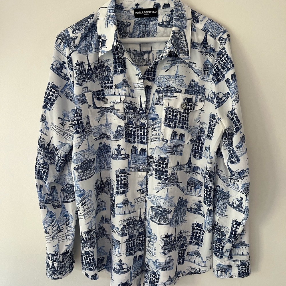 Karl Lagerfeld Blue and White Architectural Print Blouse